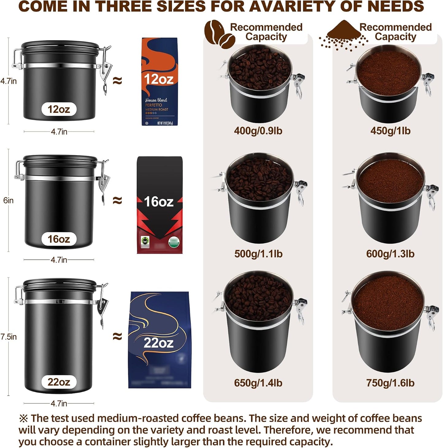 ShanSon Coffee Canister Airtight, Stainless Steel Bean Storage Container with Date Tracker &amp; Scoop, Grounds Sugar Flour Tea Cereal Fits Kitchen Pantry, Ideal Gift for Coffee Lovers,16oz, Black