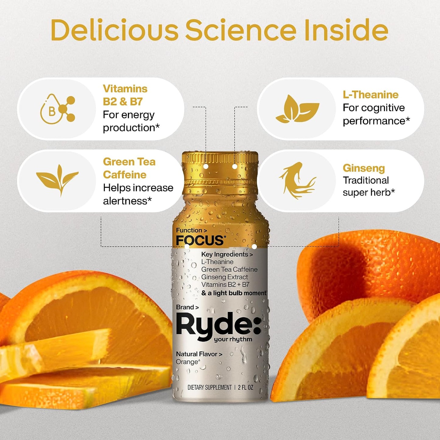 RYDE Focus Energy Shot, Orange Flavor, Zero Sugar, 2 fl oz, 24 Pack | mental clarity; study support; workday alertness; daily focus supply