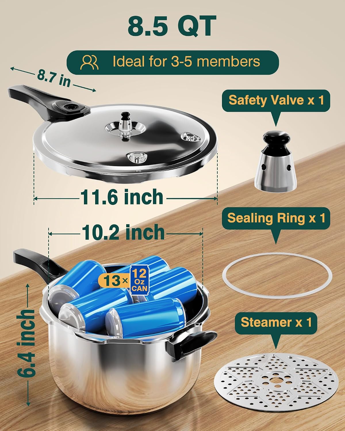 WantJoin Pressure Cooker, 8 Quart Stainless Steel Pressure Canner, Induction Compatible Cookware with Spring Valve Safeguard Devices,Compatible with Gas & Induction Cooker