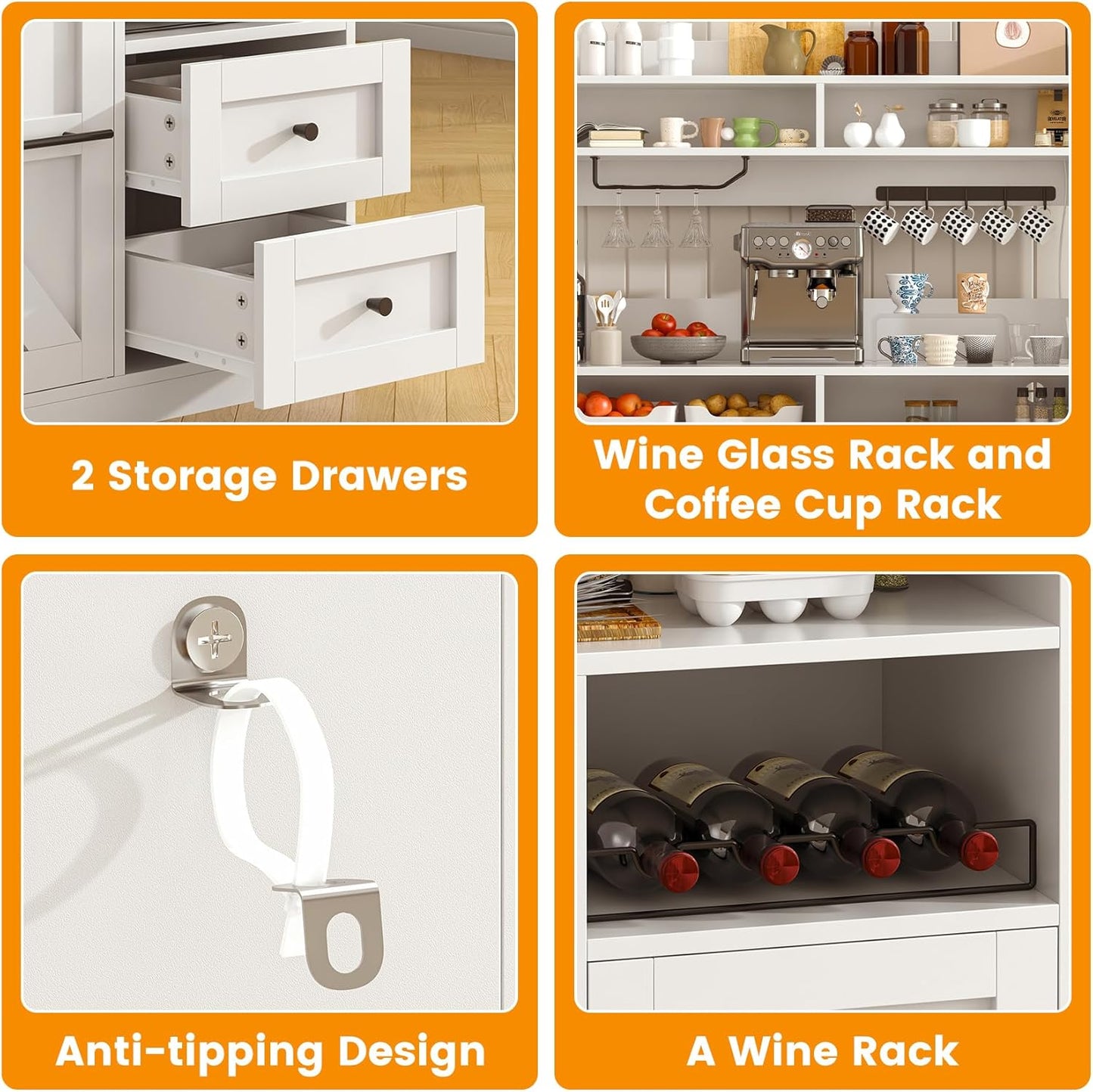VVFLU Hutch Storage Buffet Cabinet with Drawers, and Charging Station, Coffee Bar Cabinet with Barn Doors, Wine Rack and Hooks, White Wood Sideboard Buffet for Kitchen, Dining Room, 54.5" High