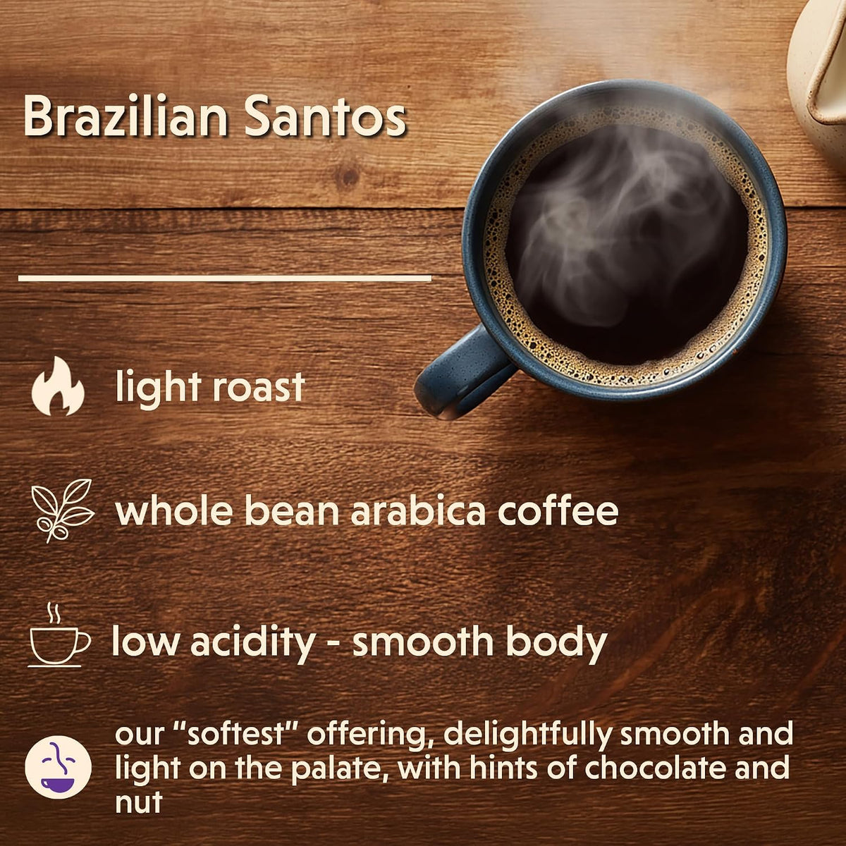 Coffee Bean Direct Brazilian Santos, Whole Bean, 2.5lb Bag | Light Roast, Single Origin Arabica Coffee Beans