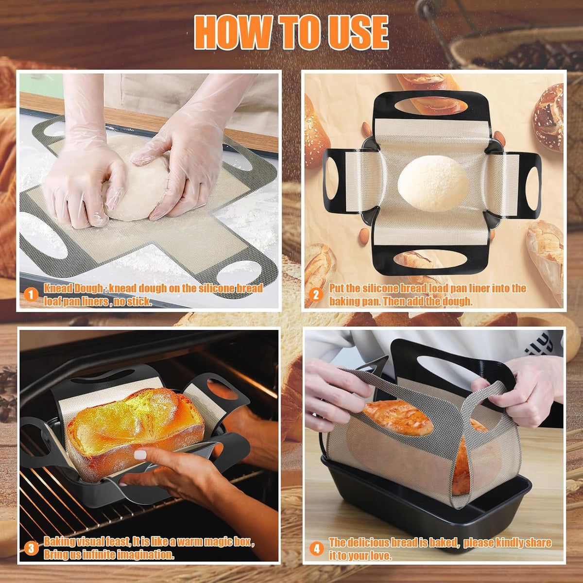 2Pcs Reusable Silicone Bread Loaf Pan Liner, Food-Grade Silicone Bread Sling, Sourdough Bread Baking Mat, Loaf Pan Lifters, Non-Stick&amp;Easy Clean Dough Transfer Tool, Fits 9x5 or 1.5lb Loaf Pans,Black