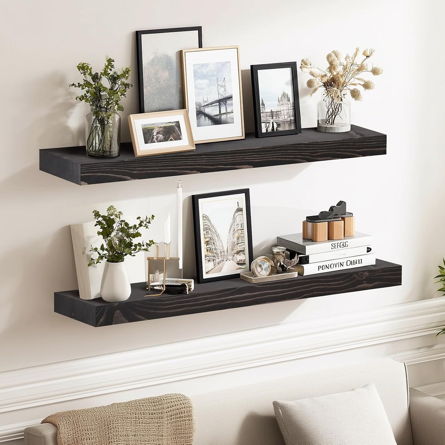 Solid Wood Floating Shelves, 24 Inch Wall Shelves, Set of 2, Black
