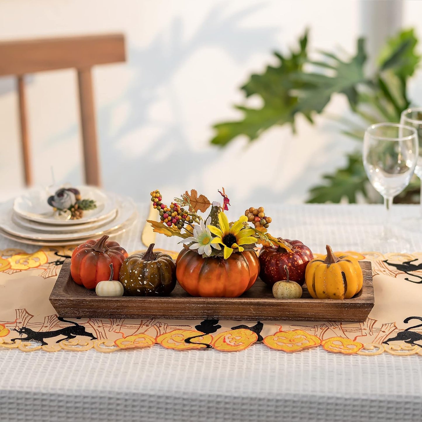 Hanobe Decorative Wooden Tray Long Narrow Centerpiece Candle Holder | 15.6" Wood Rustic Farmhouse Home Decor for Dining Coffee Table Kitchen Fireplace Mantle, Rectangle, More Cheap