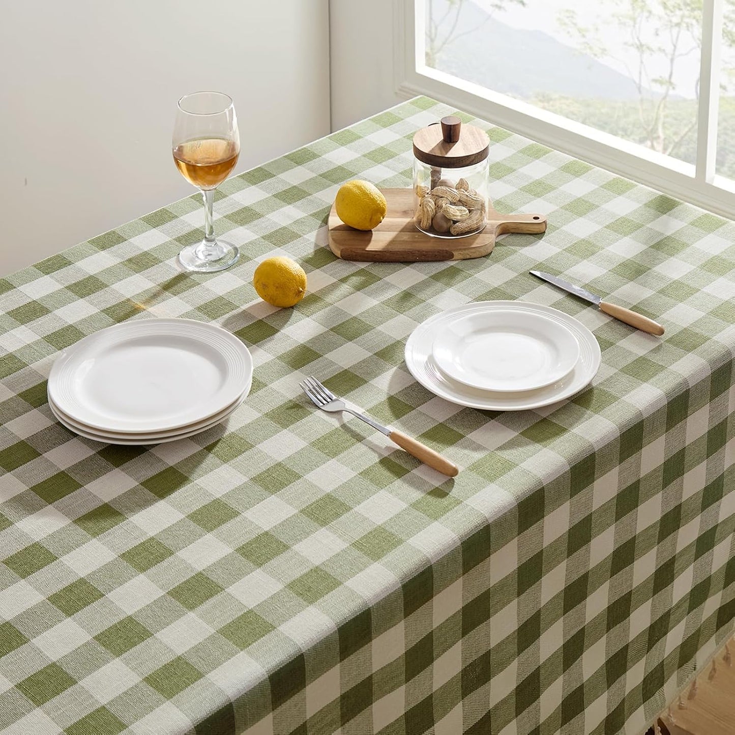 Softalker Outdoor Checkered Tablecloth, Linen Cotton Gingham Table Cloths for 6 Foot Rectangle Tables with Tassel, Heavy