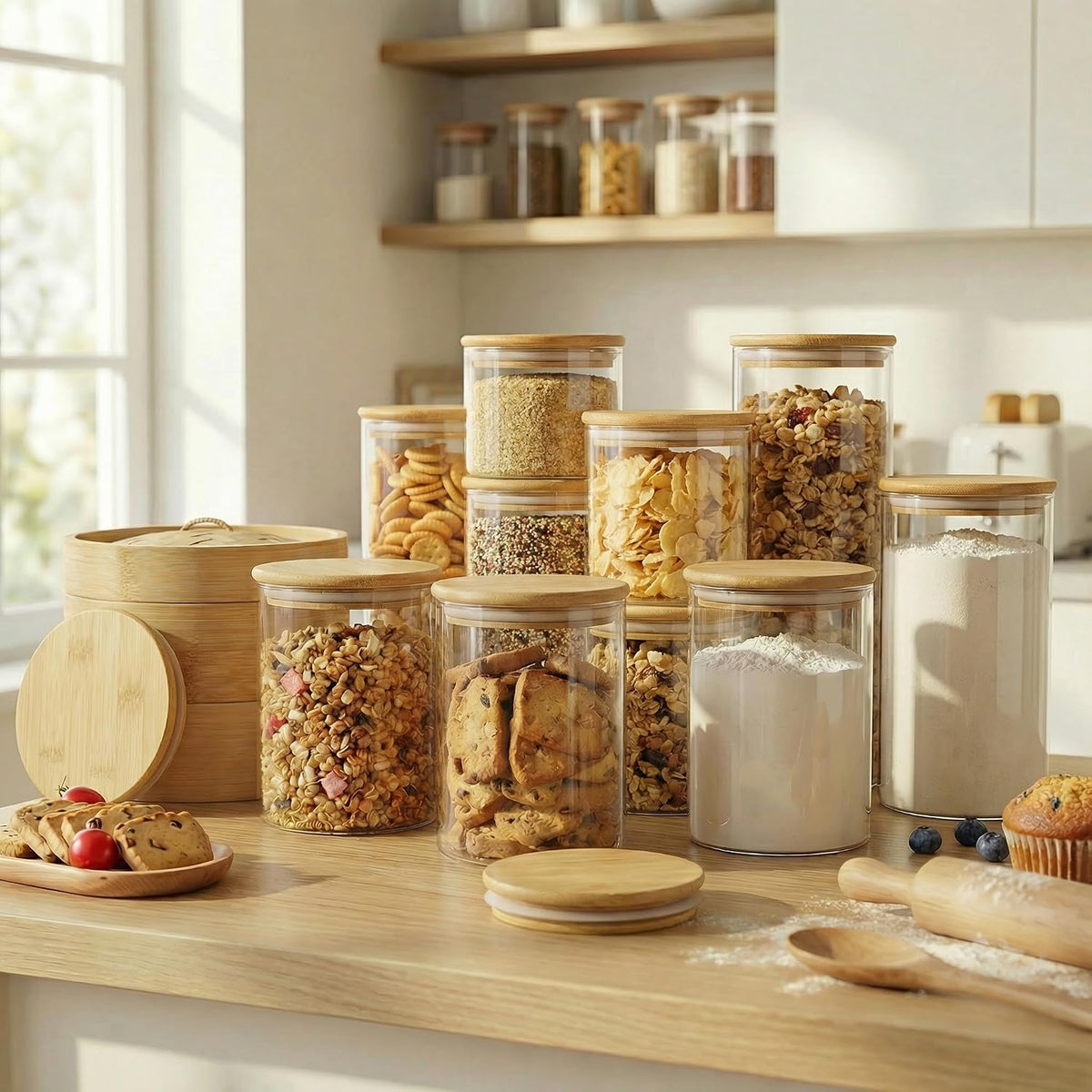 53 oz Round Glass Food Storage Containers with Airtight Bamboo Lids, 4 Pack