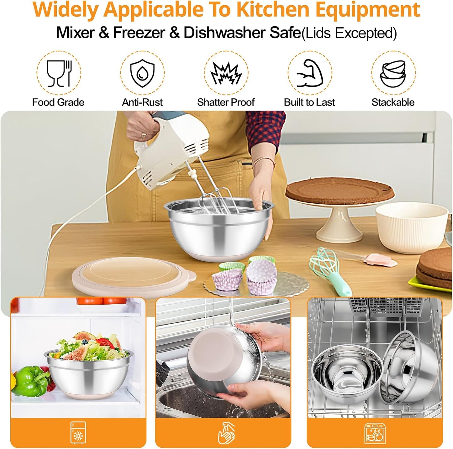 TeamFar Mixing Bowls, Salad Bowls with Transparent Airtight Lids, Khaki | 5PCS Stainless Steel Serving Bowls For Kitchen Mixing/Baking/Storing/Prepping, Non-Slip Bottom - 4.6/3.5/1.5/1 / 0.7 QT
