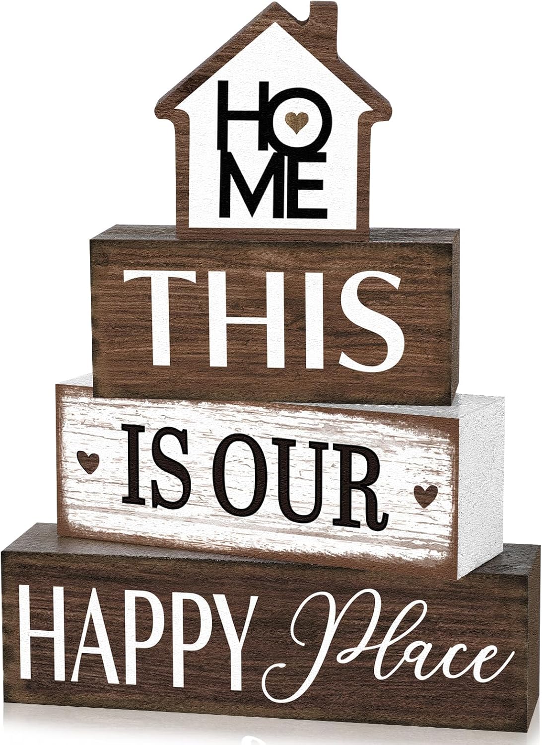 Cinnvoice 4 Pcs Farmhouse Table Decoration Rustic Sign Block,Vintage Home | This Is Our Happy Place Wood Sign, Home Tabletop Centerpiece, Modern Farmhouse Decor for Home Kitchen Shelf Tier Tray Decor