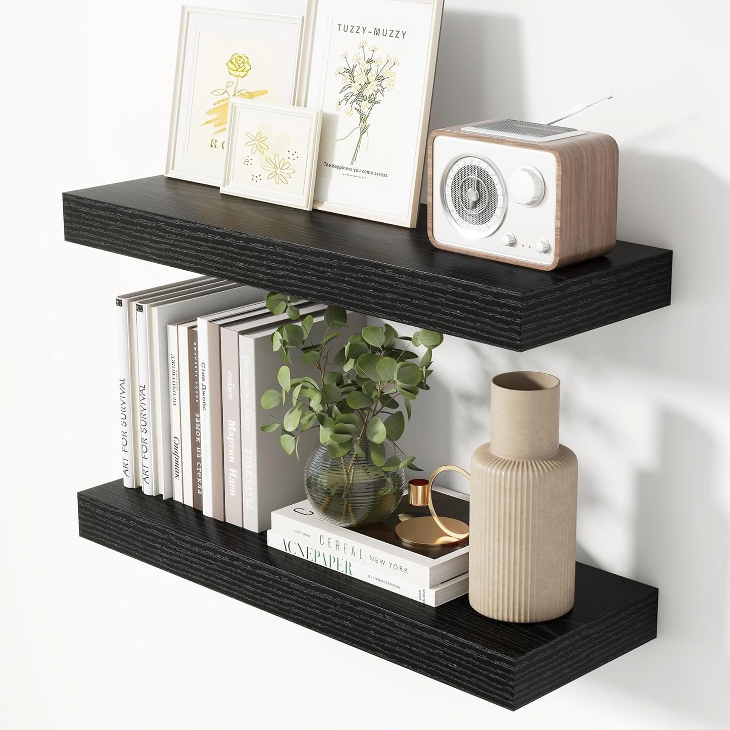 Heimlove 24 Inch Floating Shelves for Wall Black Shelves Set of 2,Wall Mounted Rustic Wood 8 Inch De
