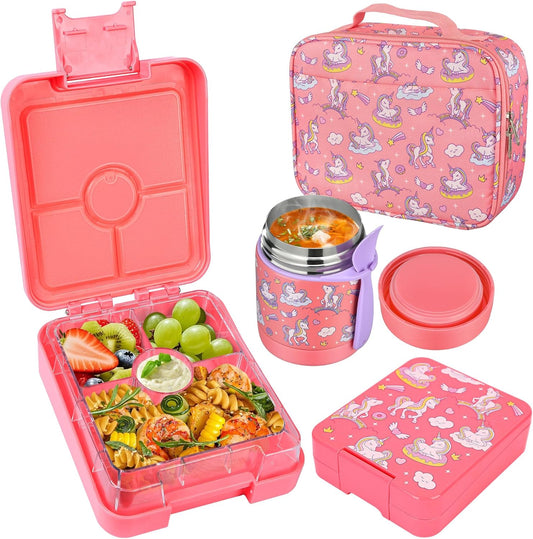 Bento Lunch Box Set With 10oz Soup Thermo, Leak-proof Lunch Containers with 4 Compartment, Kids Hot Thermo Food
