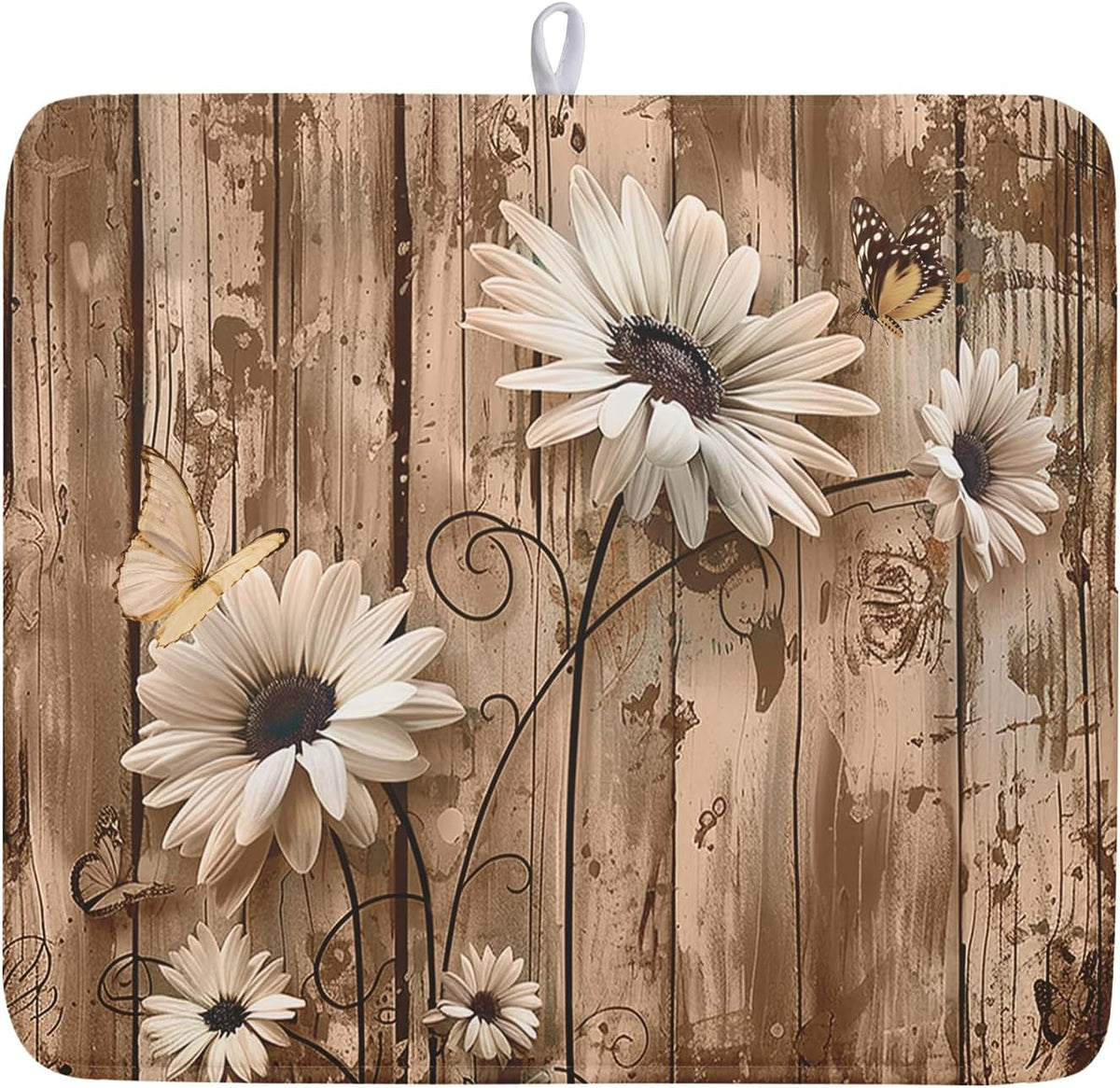 Summer Daisy Flowers Dish Drying Mat for Kitchen Counter 16x18in Rustic Wood Floral Kitchen Mat Daisy Microfiber Absorbent