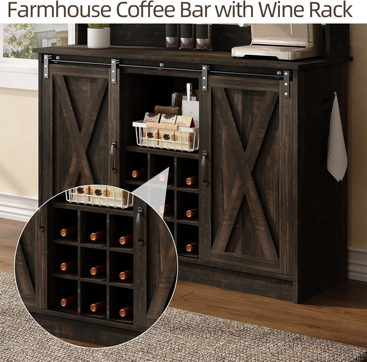 4ever2buy 47" Coffee Bar Cabinet with Storage Hutch &amp; Wine Rack, Oak