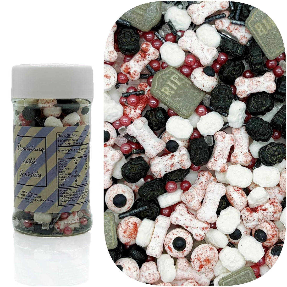 Dynastang Gravestones &amp; Skulls &amp; Bones Sprinkles Halloween Edible Eyes Cake Decoration Cupcake Toppers Cookie Decorating Perfect for Cakes, Cupcakes, Desserts Toppings 3OZ