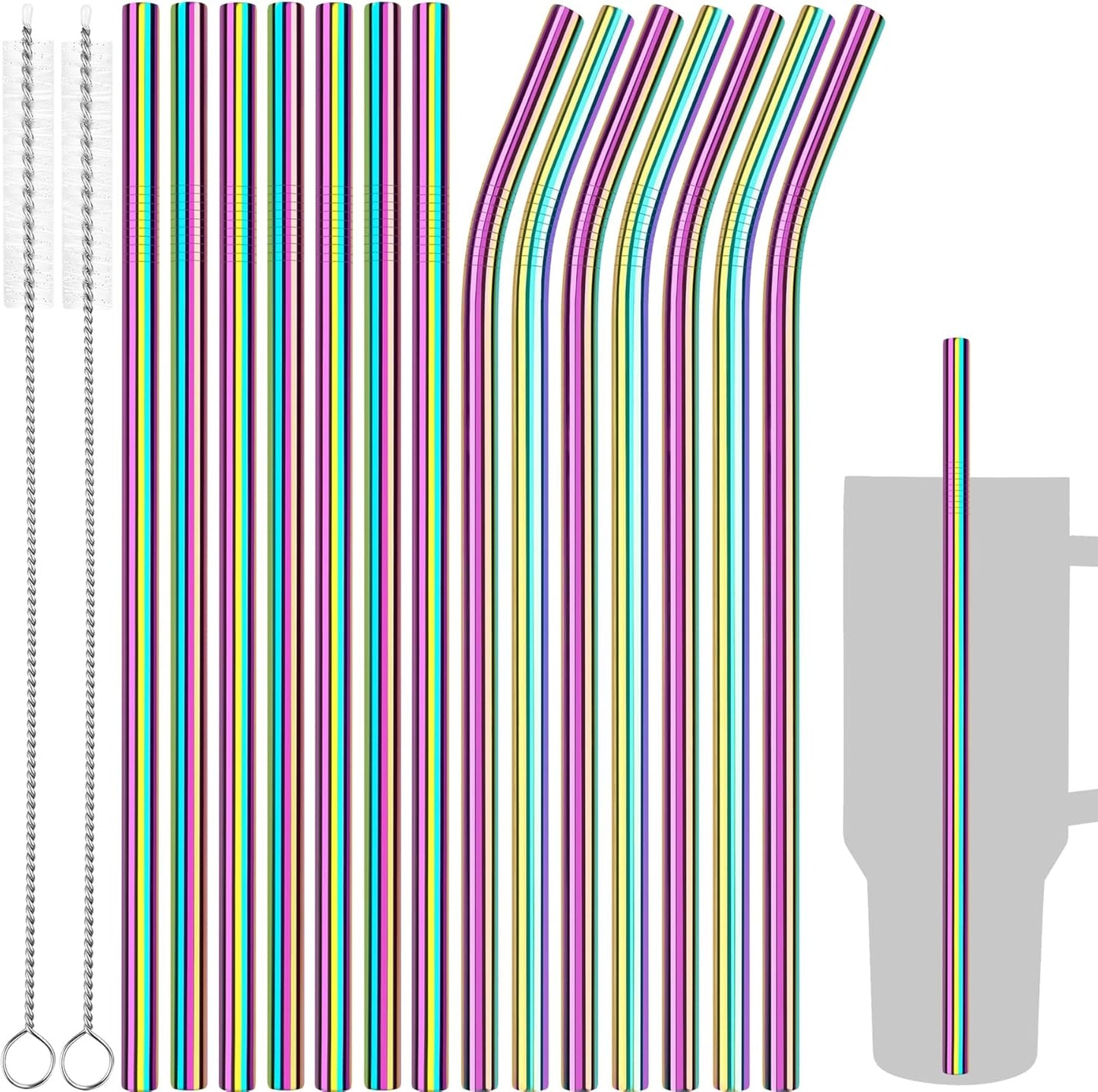 Tomorotec 40oz Straws, 14PCS Stainless Steel Replacement Straws for Stanley 40oz Adventure Quencher Travel Tumblers w/Cleaning Brushes 2PCS, Food-Grade, Dishwasher Safe for Smoothies (Metallic)