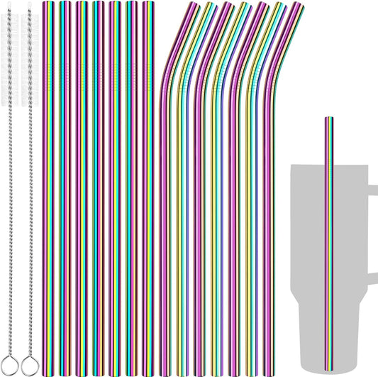 Tomorotec 40oz Straws, 14PCS Stainless Steel Replacement Straws for Stanley 40oz Adventure Quencher Travel Tumblers w/Cleaning Brushes 2PCS, Food-Grade, Dishwasher Safe for Smoothies (Metallic)