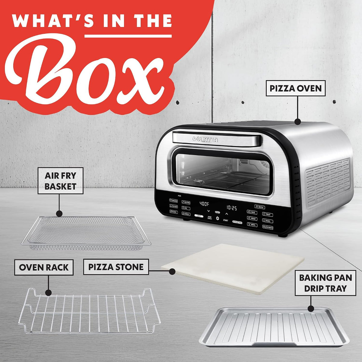 Gourmia Indoor Pizza Oven Air Fryer Toaster – 1800W Countertop Multi-Cooker with Pizza Stone, Digital Controls & 6 Presets – Bake, Toast, Broil, Dehydrate & More