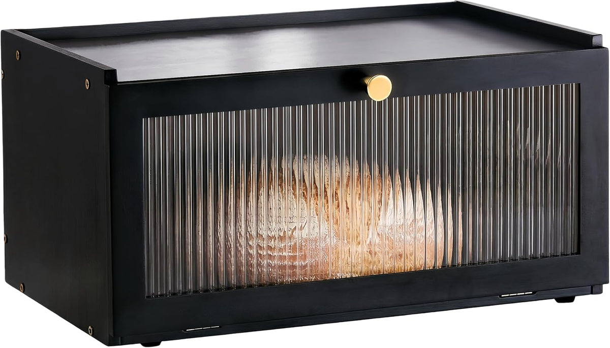 Black Bread Box for Kitchen Countertop-Large Modern bamboo Bread box with Window Bread Storage Container