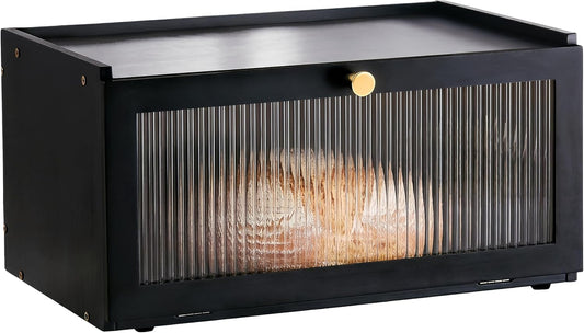 Black Bread Box for Kitchen Countertop-Large Modern bamboo Bread box with Window Bread Storage Container