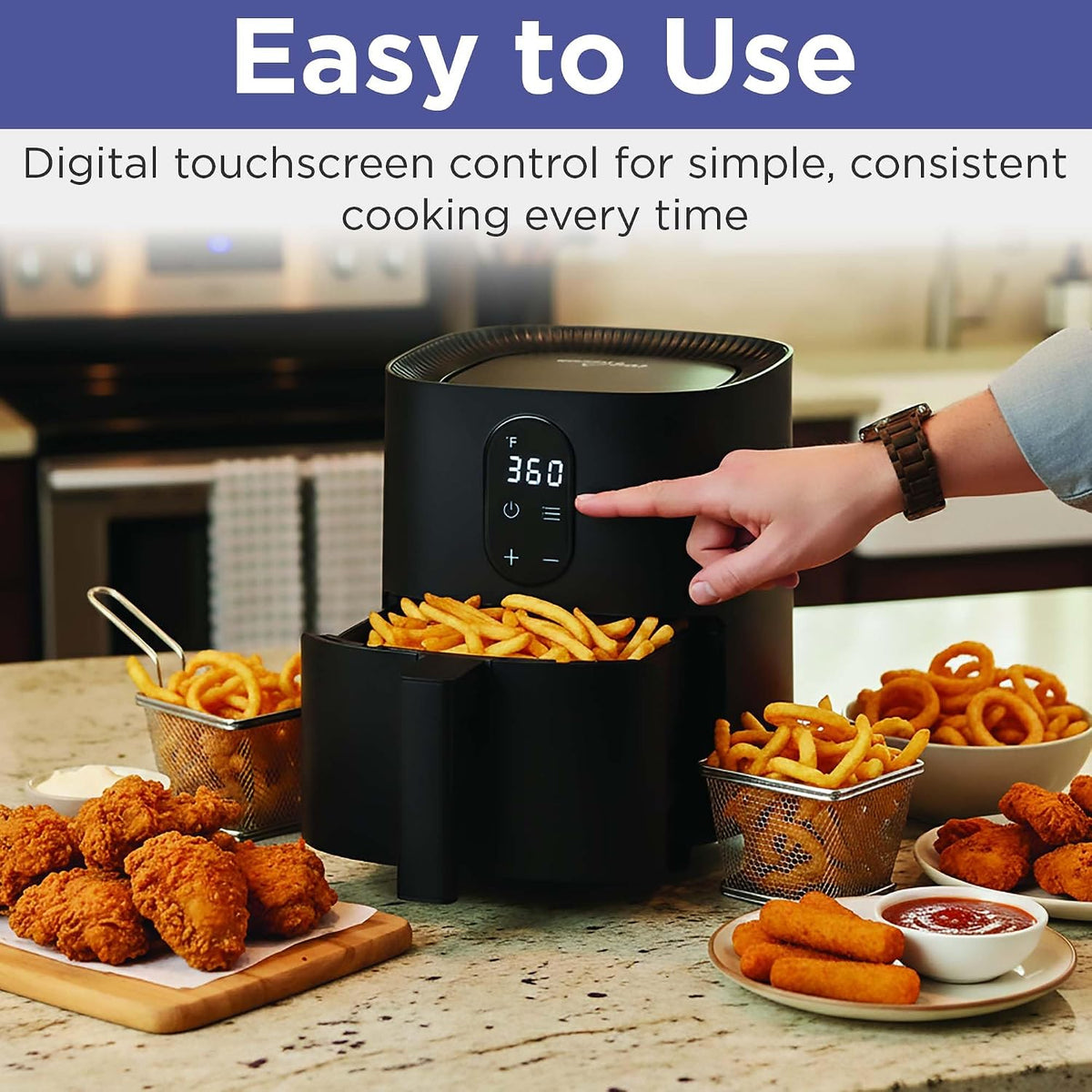 3.2-Quart Electric Air Fryer, Adjustable Temperature, Touch Panel Control, One-Touch Cook Functions, and 360° Rapid Cooking, 1200 Watt Power