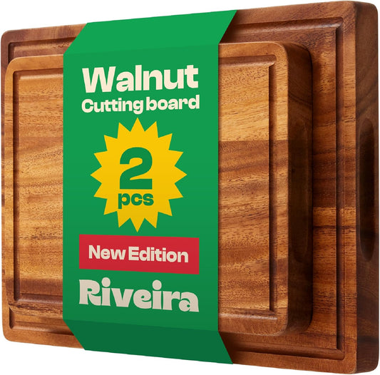 Riveira Walnut Wood Cutting Board – Versatile And Durable: Set Of 2 Pcs Rectangular Wooden Cutting Board – Natural Wooden