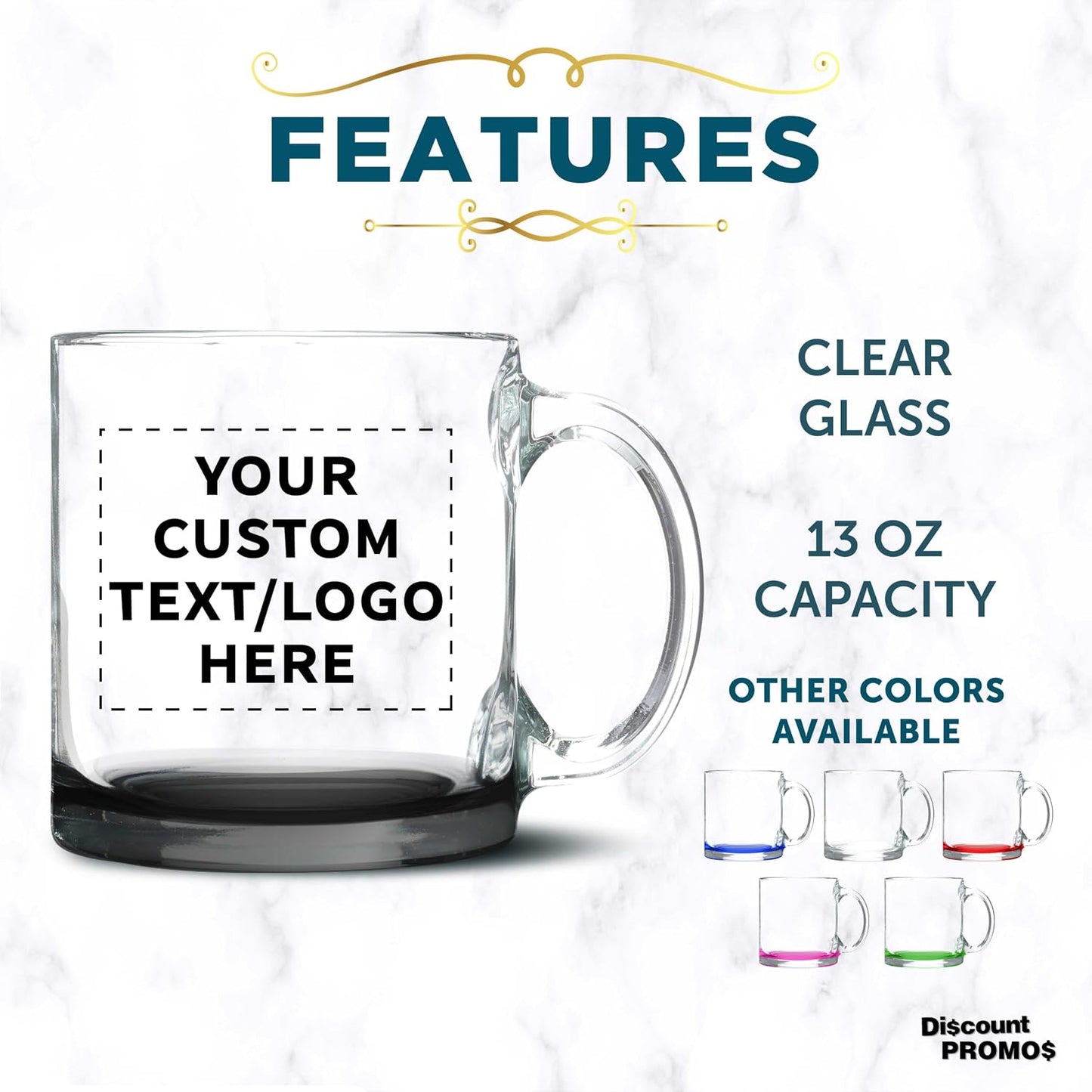 DISCOUNT PROMOS Custom Clear Glass Coffee Mugs 13 oz. Set of 10/50/100, Personalized Bulk Pack - Perfect for Coffee, Tea, Espresso, Hot Cocoa, Other Beverages - Black Bottom