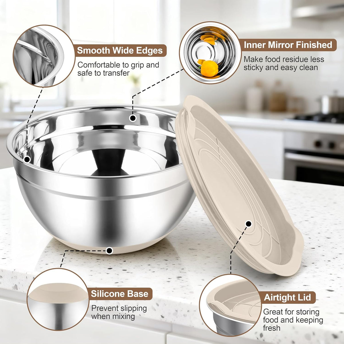 TeamFar Mixing Bowls, Stainless Steel Salad Bowls with Lids - Khaki | Nesting Bowls with Non-slip Bottom, for Kitchen Baking Preparing Serving, Stackable &amp; 6PCS - 4.6 /2.6 /2 / 1.5 /1 / 0.7 Qt
