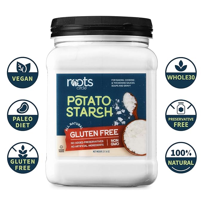 Roots Circle Gluten-Free Potato Starch | 1 Pack of 21oz Jar | No Preservatives or Artificial Ingredients | Kosher for Passover Thickener for Soups Stews, Gravies & Sauces