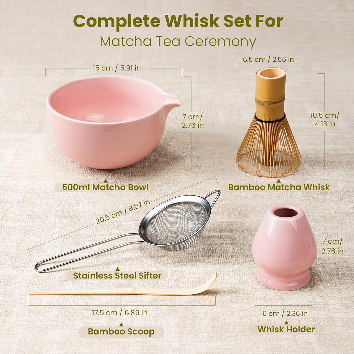 7Pcs Matcha Whisk Set, Matcha Set Whisk and Bowl | Bamboo Scoop, Scoop Rest, Sifter and Tea Towel, Matcha Kit W/Carved Cherry Blossm Pattern for Matcha Lovers (Pink)