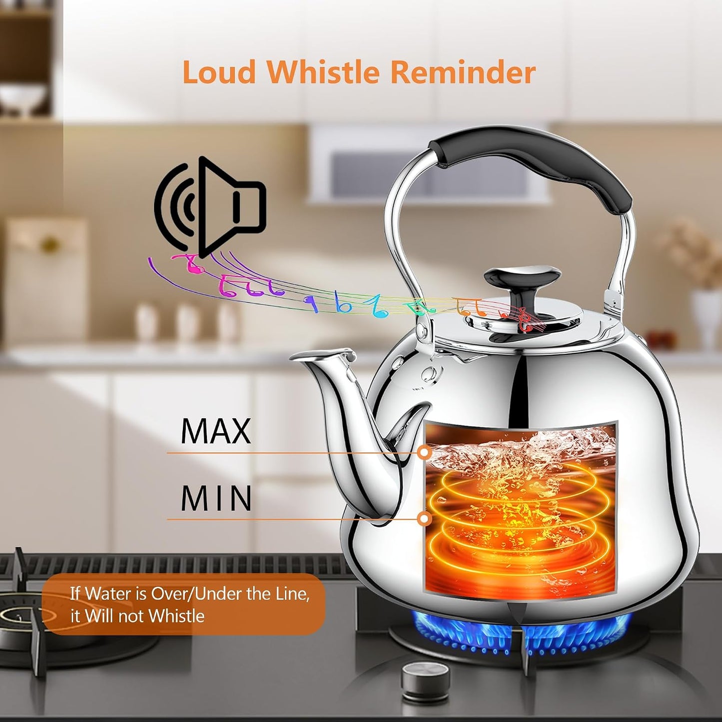 2L Whistling Stovetop Tea Kettle, 304 Food Grade Stainless Steel - Boil Alert Whistle (Not Auto Shutoff), Folding Cool-Touch Handle, Gas/Electric/Ceramic Compatible | Max Safe Fill: 1.6L (6 Cups)