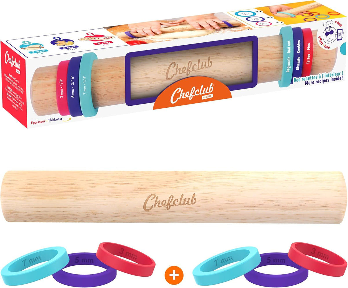 Chefclub Kids Adjustable Wooden Rolling Pin - 3 Removable Silicone Rings - Perfect for Baking &amp; Pastry, Pizza, Pie, Cookie Dough - Precision Baking Tool for Kids | 3 Removable Silicone Rings for 3 Different Dough Thicknesses – 7 mm, 5 mm and 3 mm – Re