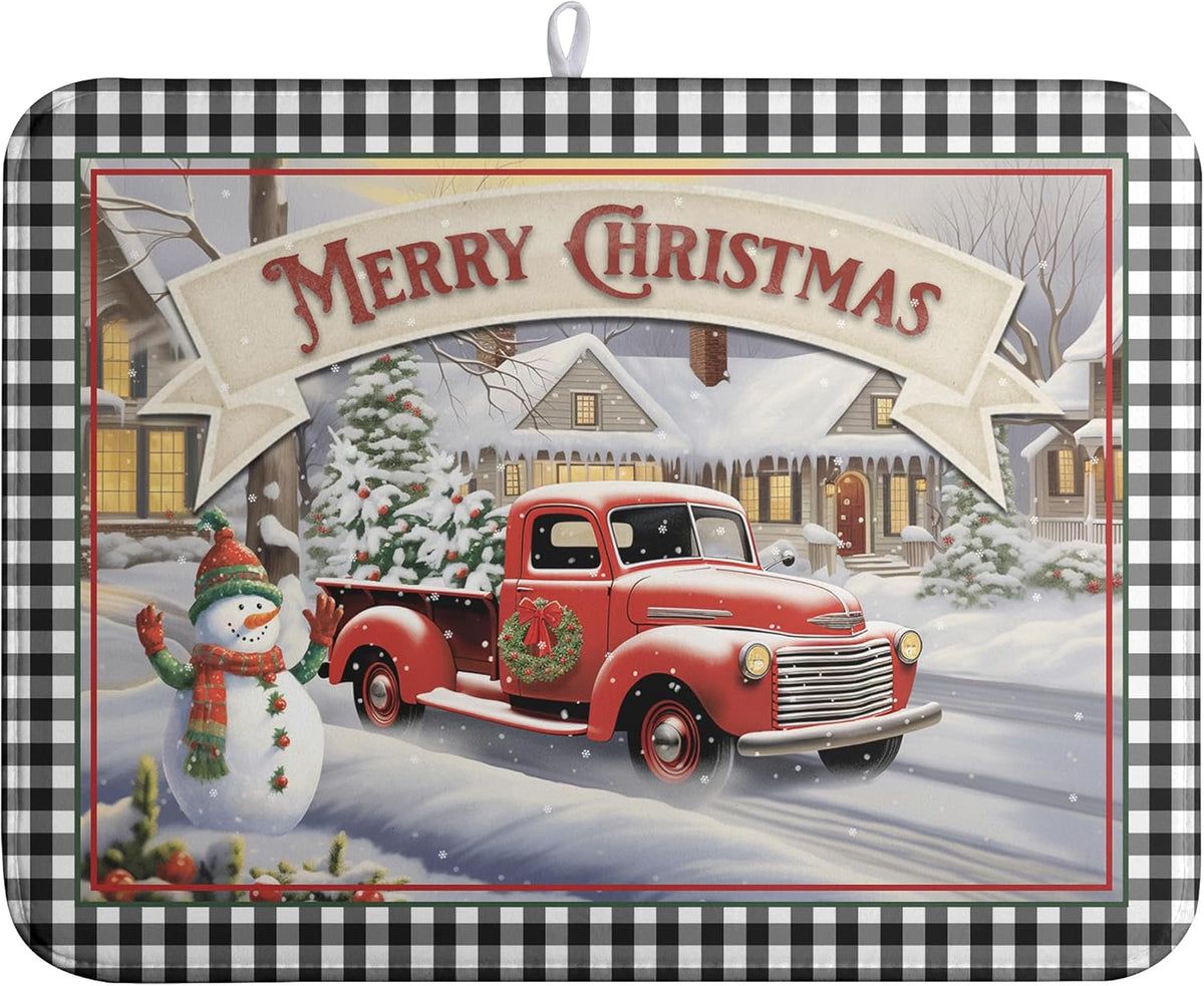 Merry Christmas Dish Drying Mat for Kitchen Winter Snowman Large Dish Drying Mat Buffalo Plaid Kitchen Drying Mat Truck Tree Microfiber Drying Mats Absorbent Dish Pad 18x24 inch