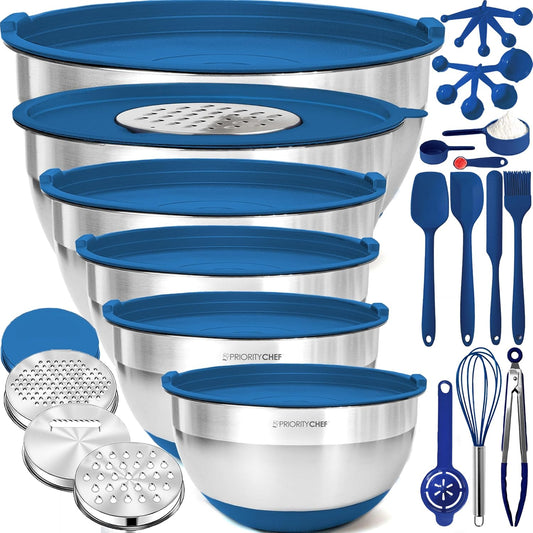 Priority Chef Stainless Steel Mixing Bowls with Lids Set - Premium 30Pcs with 6pc Metal Bowl Set for Kitchen, 3 Graters,