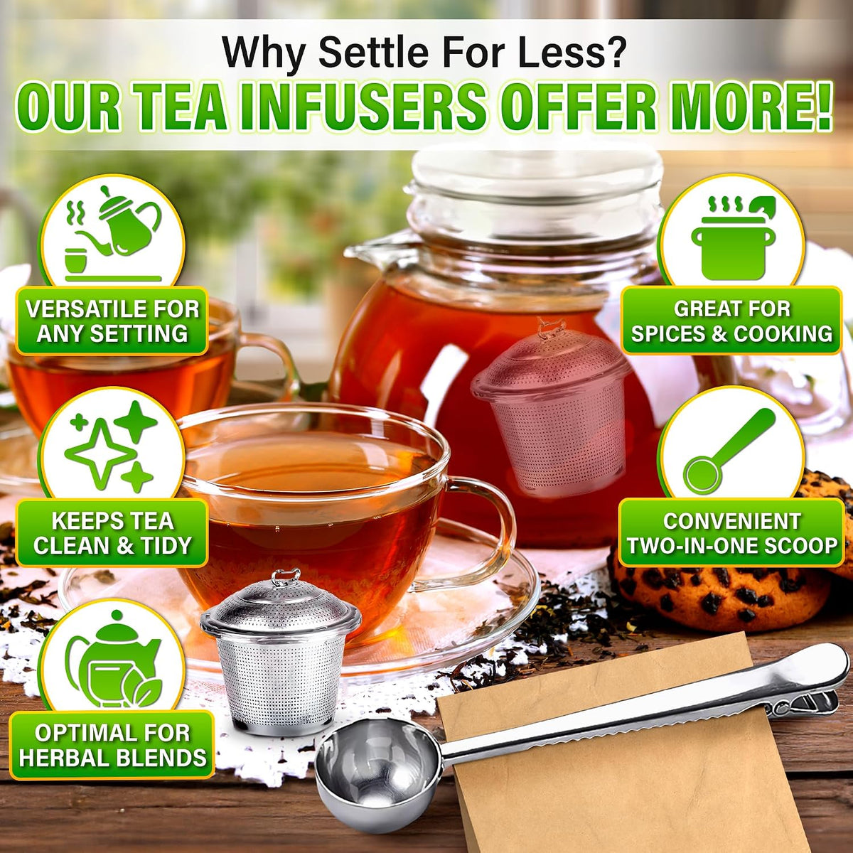 Tea Infuser Set of 3 (1 Large, 2 Small) with Scoop, Stainless Steel | Loose Leaf Tea Steeper; Extra Fine Mesh Holes, Extended Chain, Sleek &amp; Shiny Surface; Reusable; for Herbs, Spices &amp; Cooking