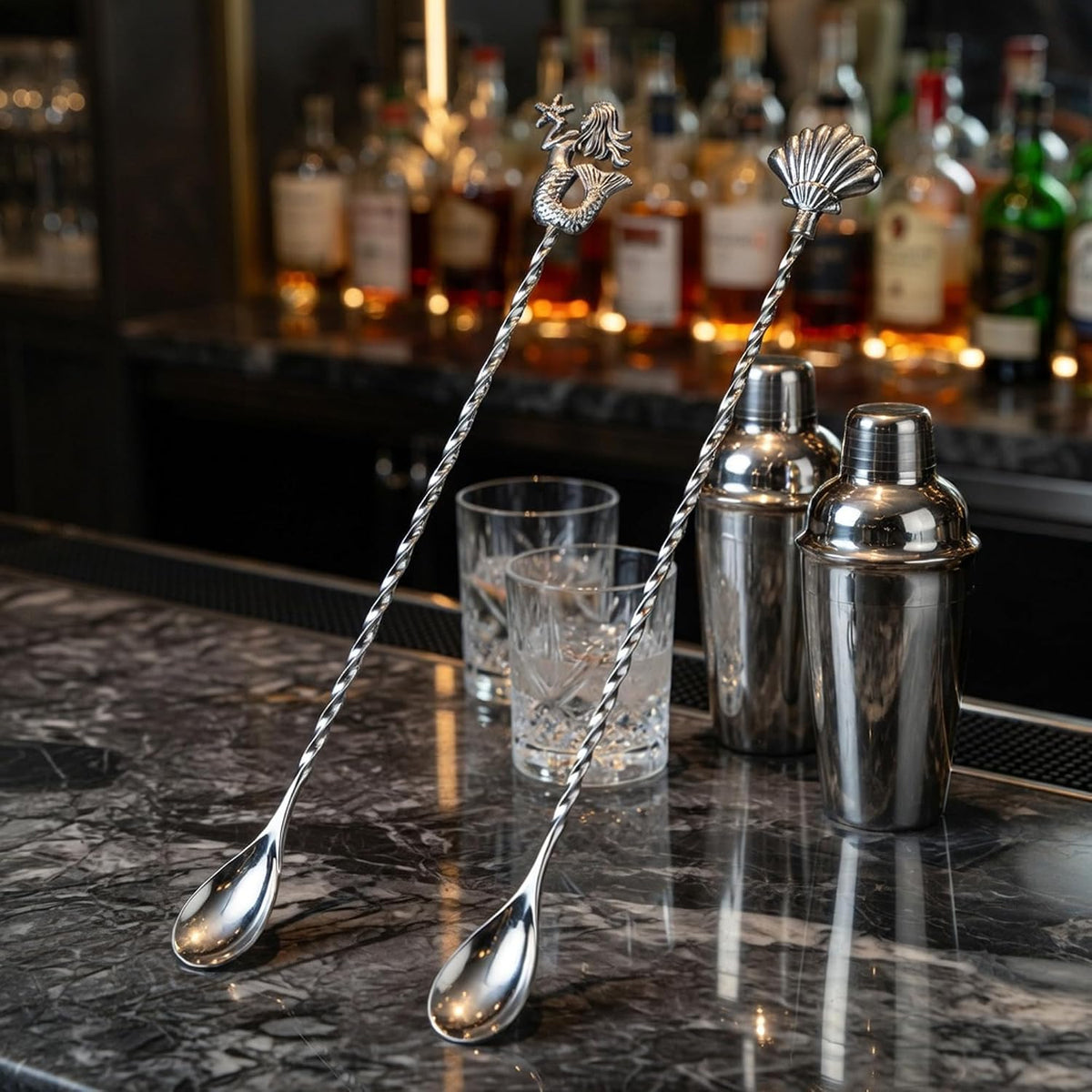 Homestia 12 Inch Bar Spoon, 2 Pcs Cocktail Spoon wIth Mermaid Shell Decor | Dirty Soda Bar Supplies, Stainless Steel Coffee Bar Use, Mixing &amp; Layering Drink Stirrer, Long Spoon for Bartending Stirring