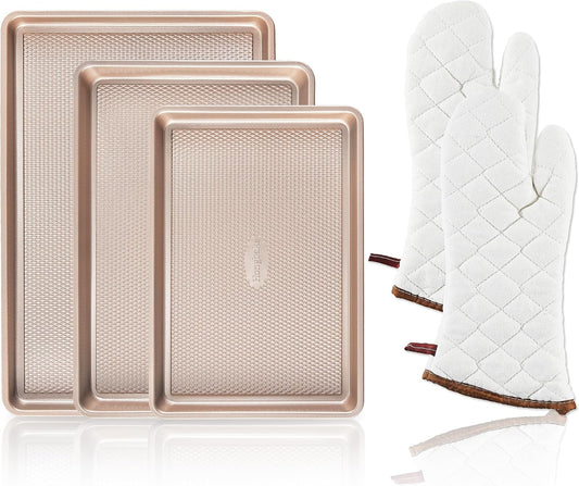 3 Pack Gold Nonstick Baking Sheet Pan Set with Oven Mitts Heat Resistant, Non-Toxic Half/Quarter/Jelly Roll Pans with Diamond Texture Pattern, Heavy Duty 0.8mm Thick Cookie Trays for Cooking