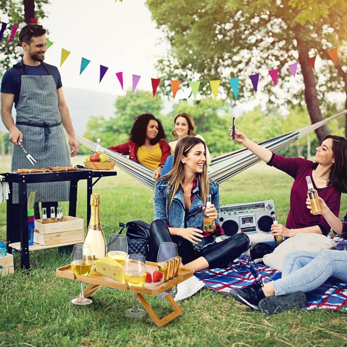 Kingrol Bamboo Picnic Wine Table, Foldable Outdoor Snack Table with Bottle Holder, 4 Glass Slots and Knife Slot, 16.1 x 12.5 x 6 in