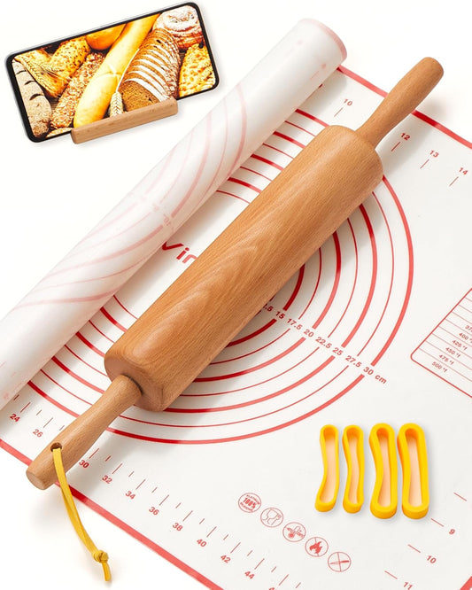 Classic Wood Rolling Pin, 17" Rolling Pins for Baking with Silicone Mat and Adjustable Thickness Rings, Pasta Roller with