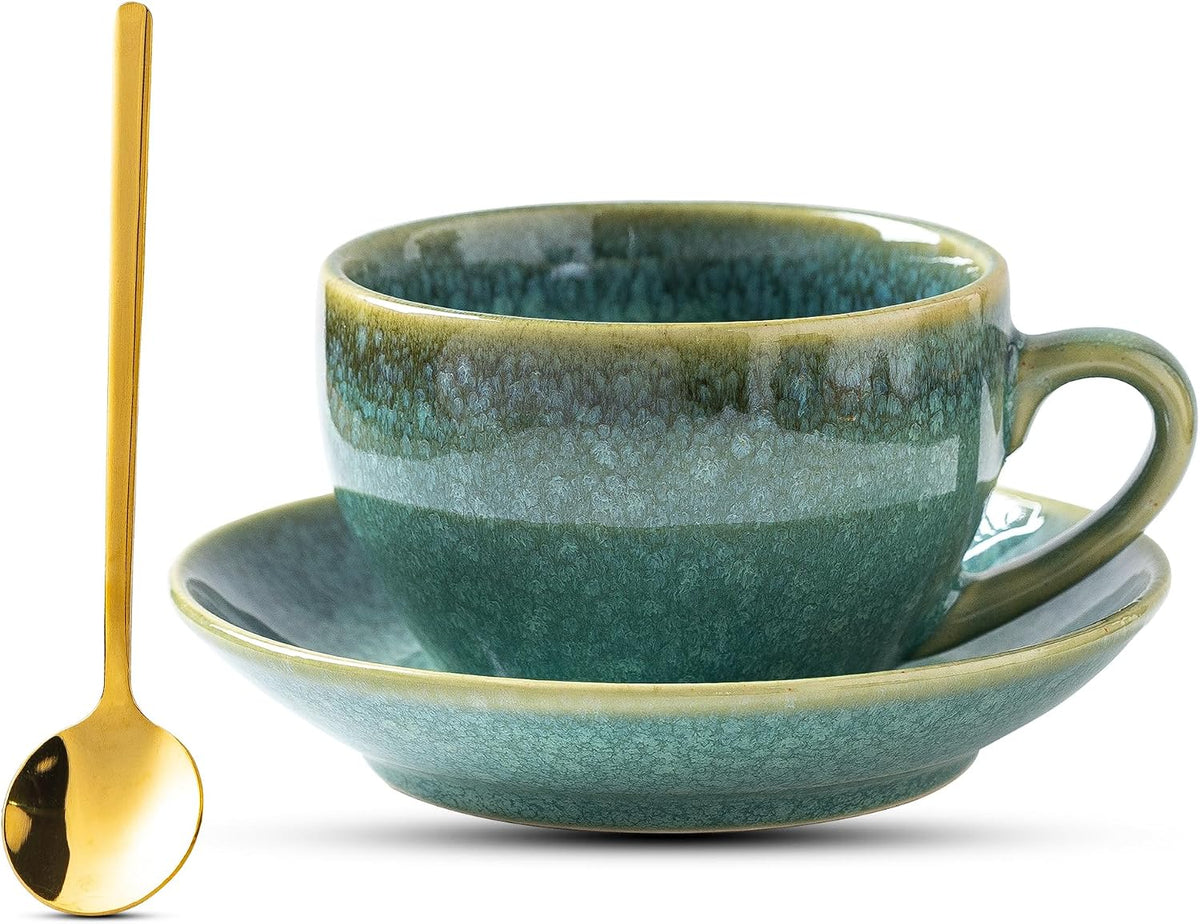 Porcelain Coffee Cup with Saucer Spoon, Vintage Design Ceramic Latte Art Cappuccino Barista Espresso Tea Cup with Saucer (10oz, Crystal Green)
