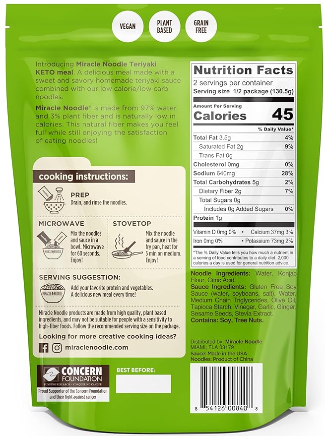 Miracle Noodle Ready to Eat Teriyaki Pasta, 9.2 Oz (Pack of 6), Plant Based Shirataki Konjac Noodles, 45 Calories, 3g Net Carbs Per Serving, Keto, Gluten-Free