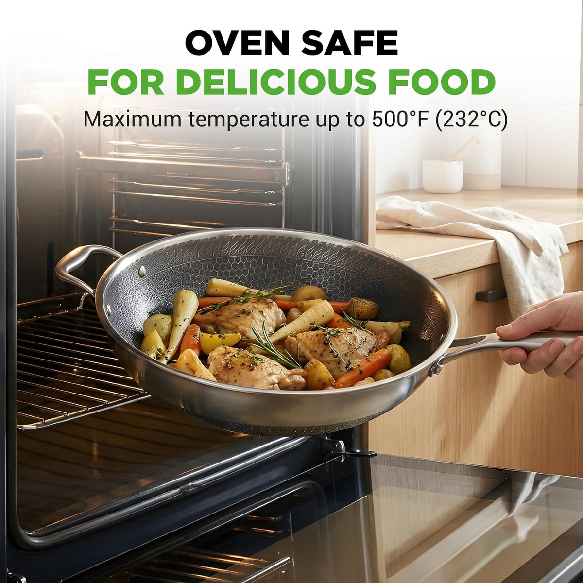 NutriChef 12" Stainless Steel Wok - Induction ready, Non Stick Tri-ply technology, Scratch-resistant Honeycomb Fire Textured Pattern