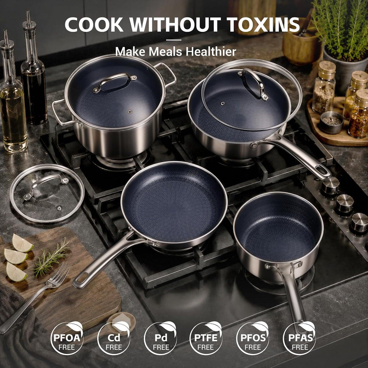 Ammeloo 17 Pcs Pots and Pans Set Non Stick, Stainless Steel Cookware Set