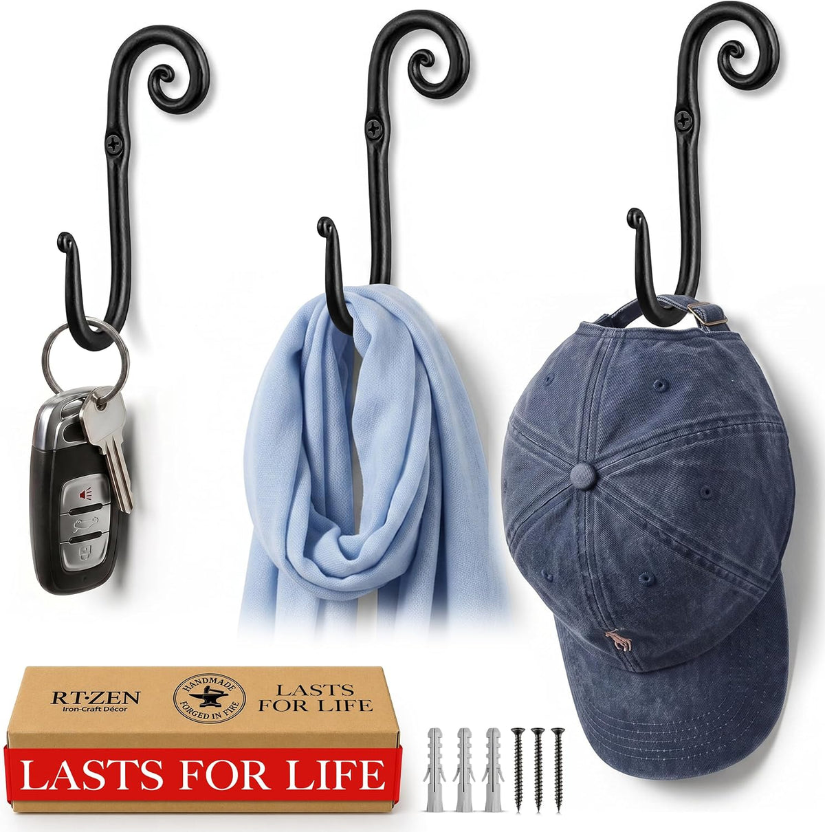 RTZEN Classic Farmhouse Wall Mount Multi-Use Wrought Iron Hook Set (3 Pack)