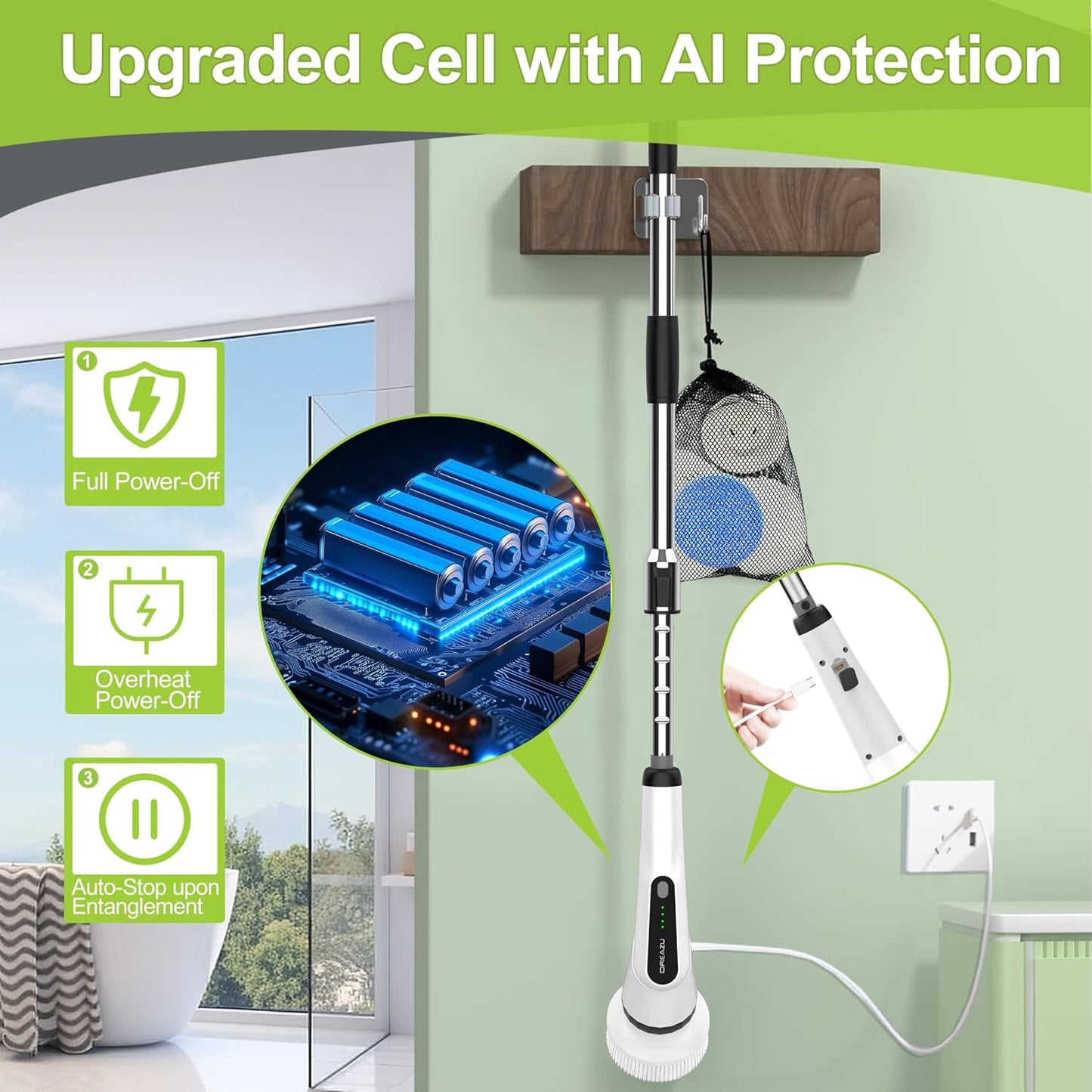 Dreazu Electric Spin Scrubber, 10-in-1 Shower Scrubber &amp; Retractable Long Handle, 44 lbs High-Torque &amp; Variable Speed Shower Cleaning Brush for Bathroom,Toilet, Bathtub, Kitchen, Tile Floors