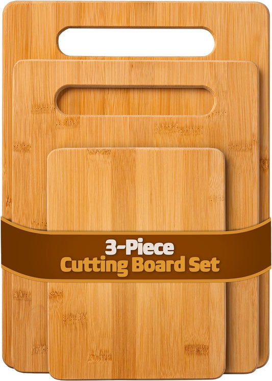 3 Piece Cutting Board Set - Reversible Bamboo Wood Cutting Boards for Kitchen, Chopping Meat, Vegetables, Fruit, Cheese,