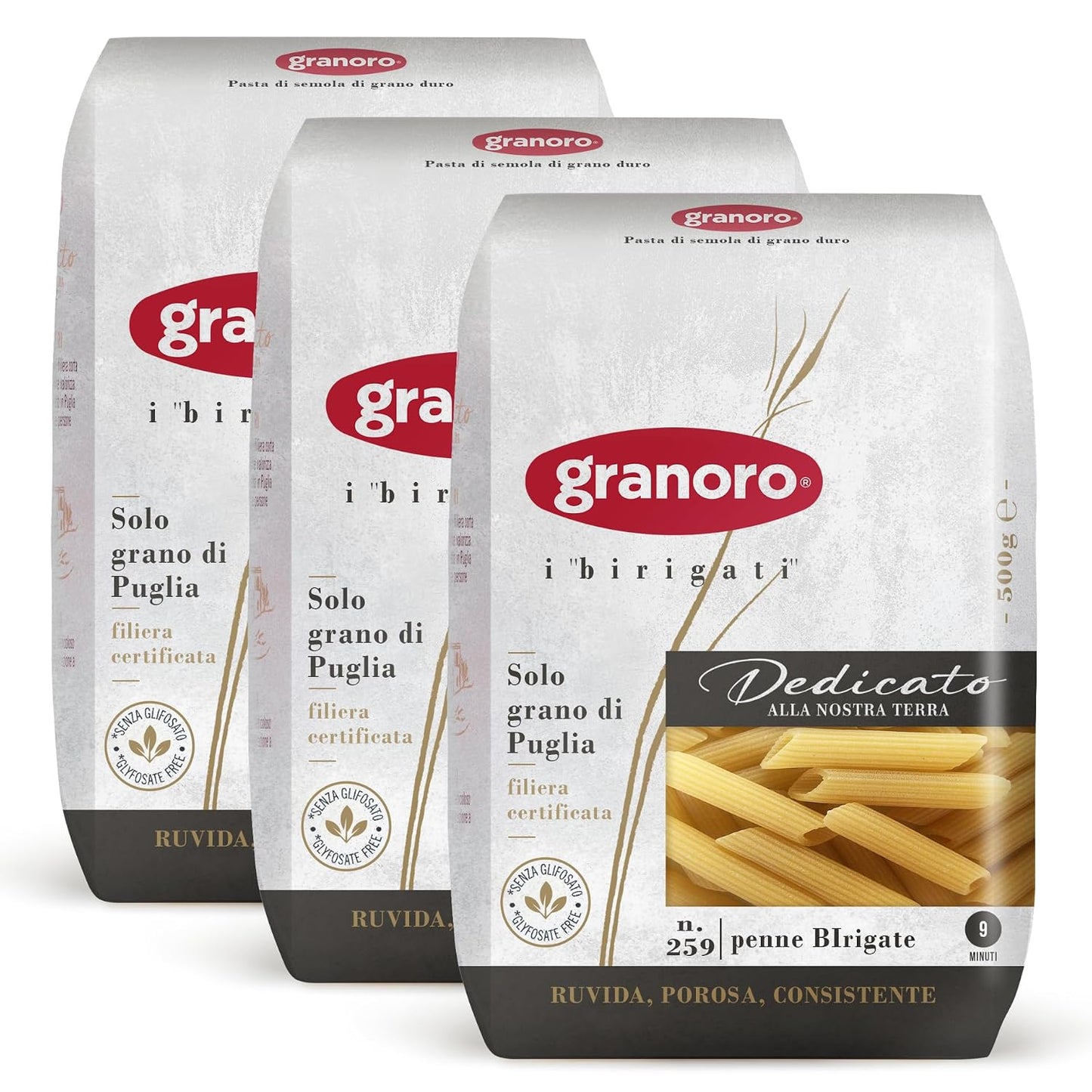 Granoro Dedicato Penne BIrigate (Double Ridged) #259 - Authentic Italian Pasta, Made from 100% Puglia Durum Wheat Semolina, Bronze Die, Non-GMO, Vegan, 1 lb Bags (Pack of 3)