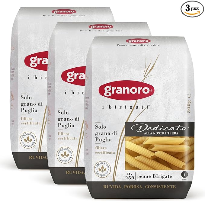 Granoro Dedicato Penne Rigate #259 - Ridged Penne- Authentic Italian Pasta, Made from 100% Puglia Durum Wheat Semolina, Non-GMO, Vegan, 1 lb Bags (Pack of 3)