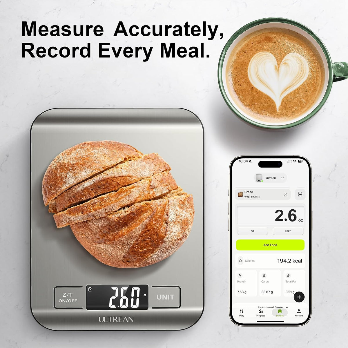 Ultrean Smart Food Kitchen Scale with Nutritional Calculator, App for Macro &amp; Calorie Tracking, AI Scan, Digital Grams and Ounces for Weight Loss, Rechargeable, Stainless Steel, 33lb /15kg