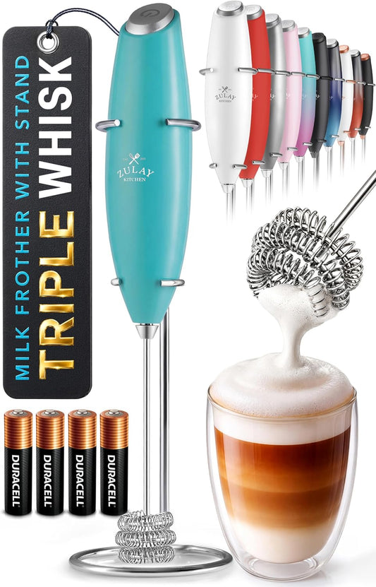 Zulay Kitchen Powerful Milk Frother Wand With Duracell Batteries - Ultra Fast Handheld Drink Mixer - Electric Whisk Foam Maker for Coffee, Lattes, Cappuccino &amp; Matcha - Triple Whisk - Queen Turquoise