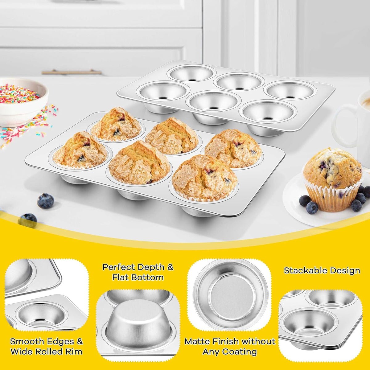 Homikit Stainless Steel Muffin Pans 6 Cups, 2 Pack Cupcake Pan Set Nonstick