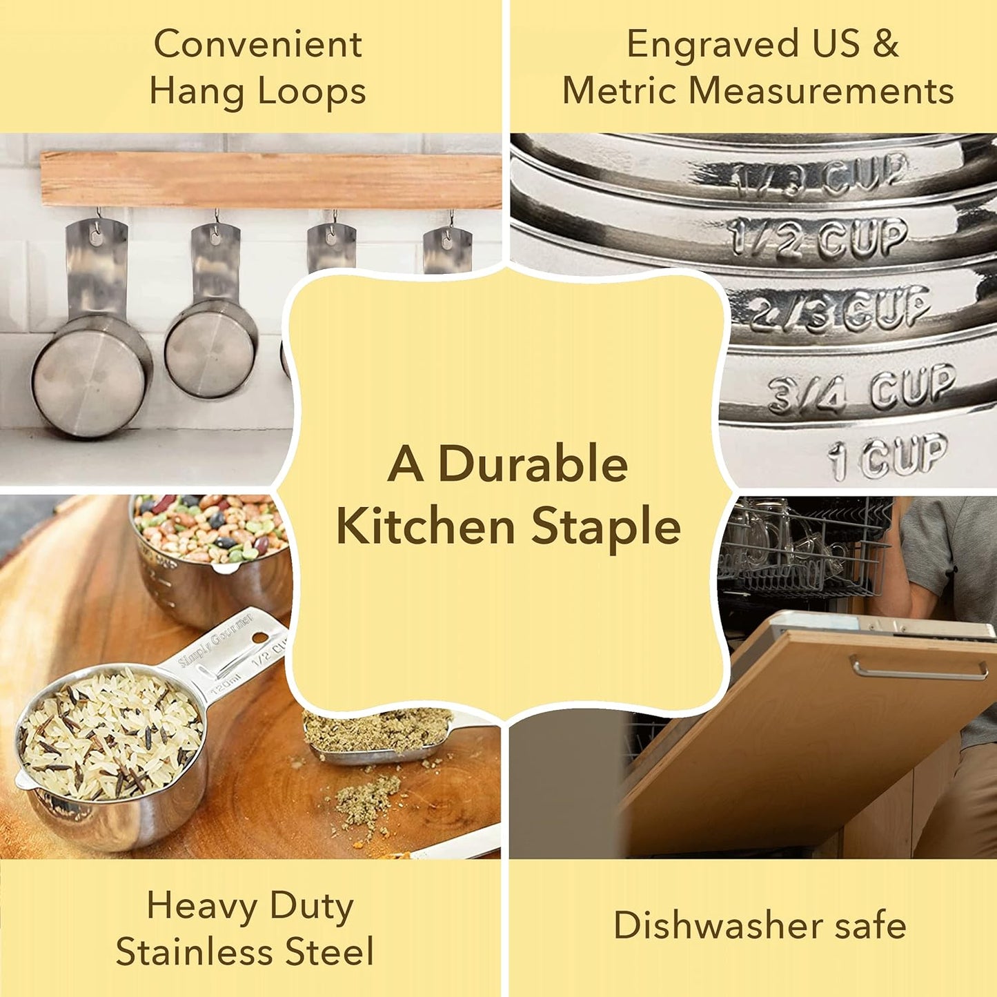 Simply Gourmet Measuring Cups and Spoons Set of 12 – 18/8 Stainless Steel Kitchen Gadgets – Stackable Design with Long Handle Spoons – Fits in Jars – Cooking & Baking Measuring Set for Dry & Liquid